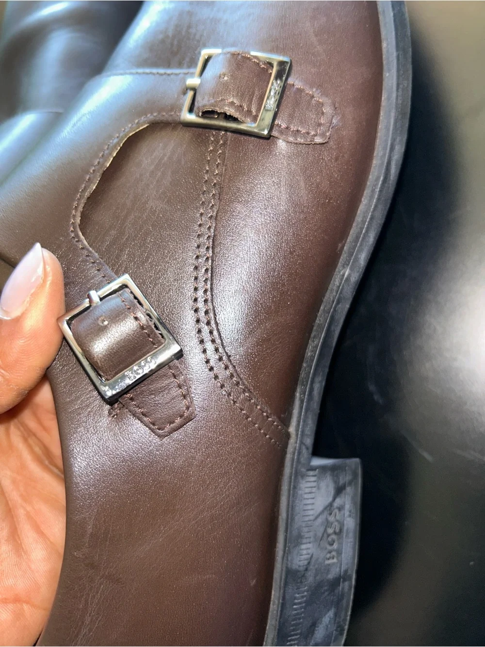 BOSS DOUBLE-STRAP MONK OXFORD SHOES IN LEATHER - SIZE 11